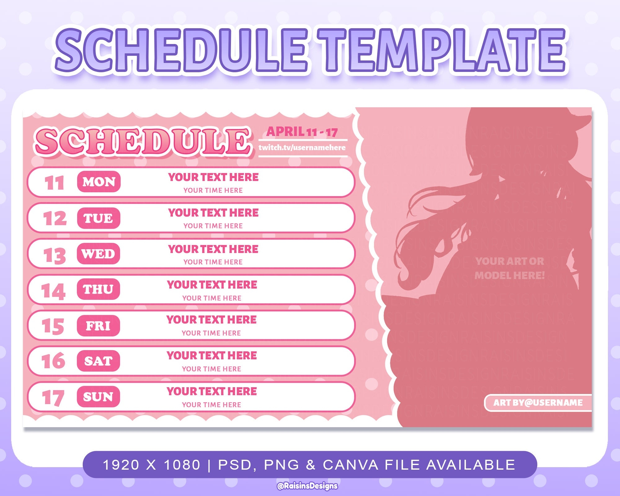 Stream Schedule Template For Twitch U0026 Youtube Streaming Pink 