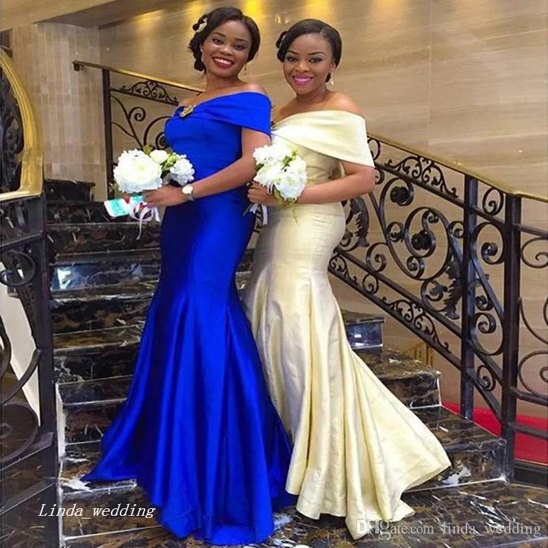Stunning 2019 Off Shoulder Mermaid Blue Satin Bridesmaid Dresses 
