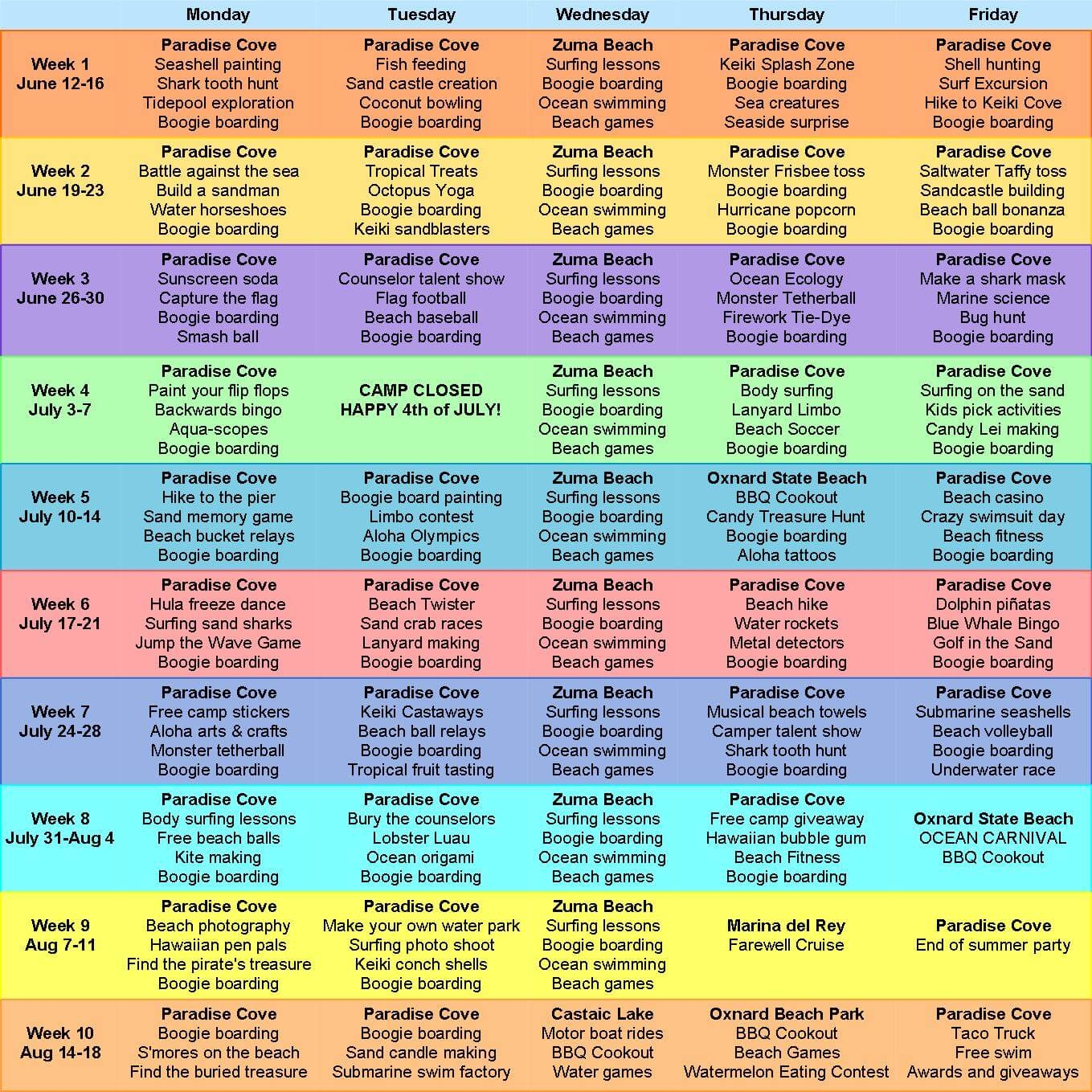 template for summer camp schedule
