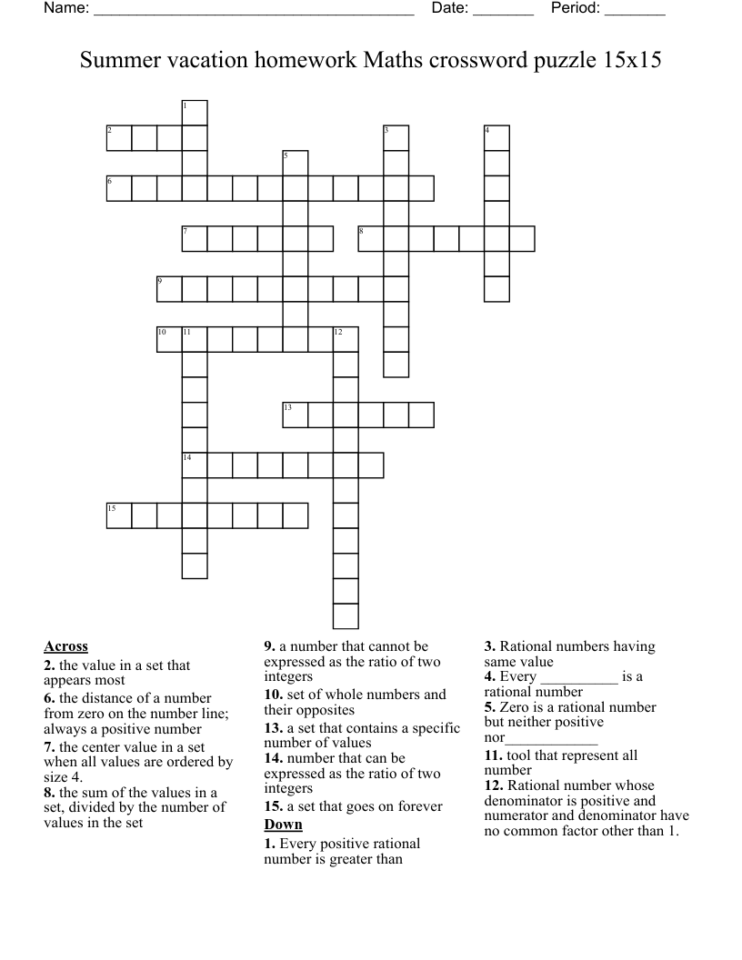 Summer Vacation Homework Maths Crossword Puzzle 15x15 WordMint