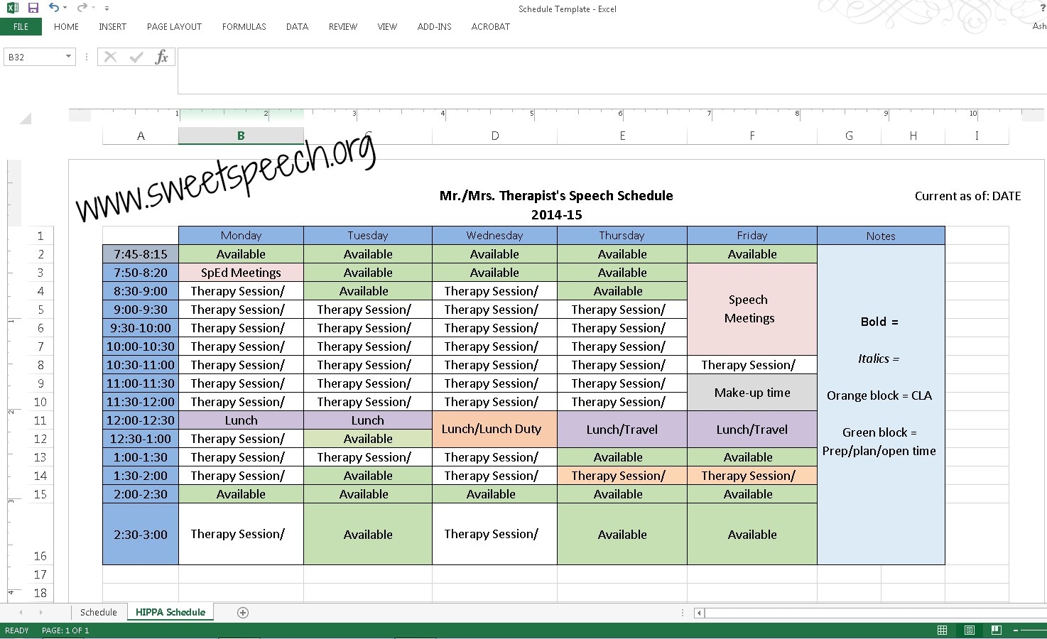 Sunday SWEETIE Speech Therapy Schedule Template 