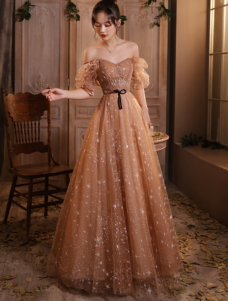 Sweet Champagne Short Sleeve Formal Evening Party Dress With Stars 