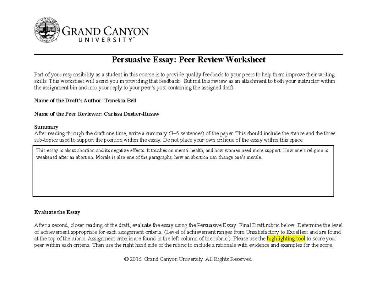 T 6 Peer Review Worksheet PHI105 Persuasive Essay Peer Review 