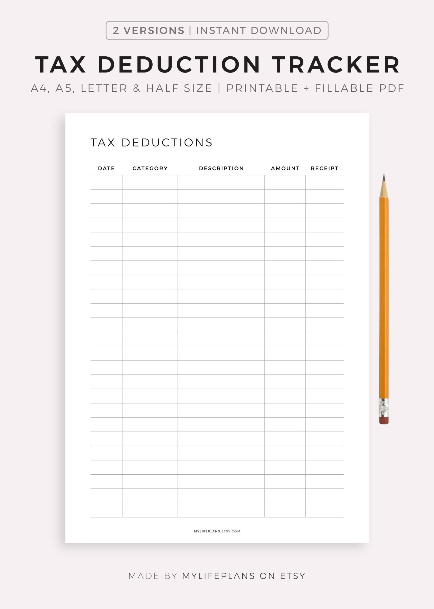 Tax Deduction Tracker Printable A4 a5 letter half Instant 