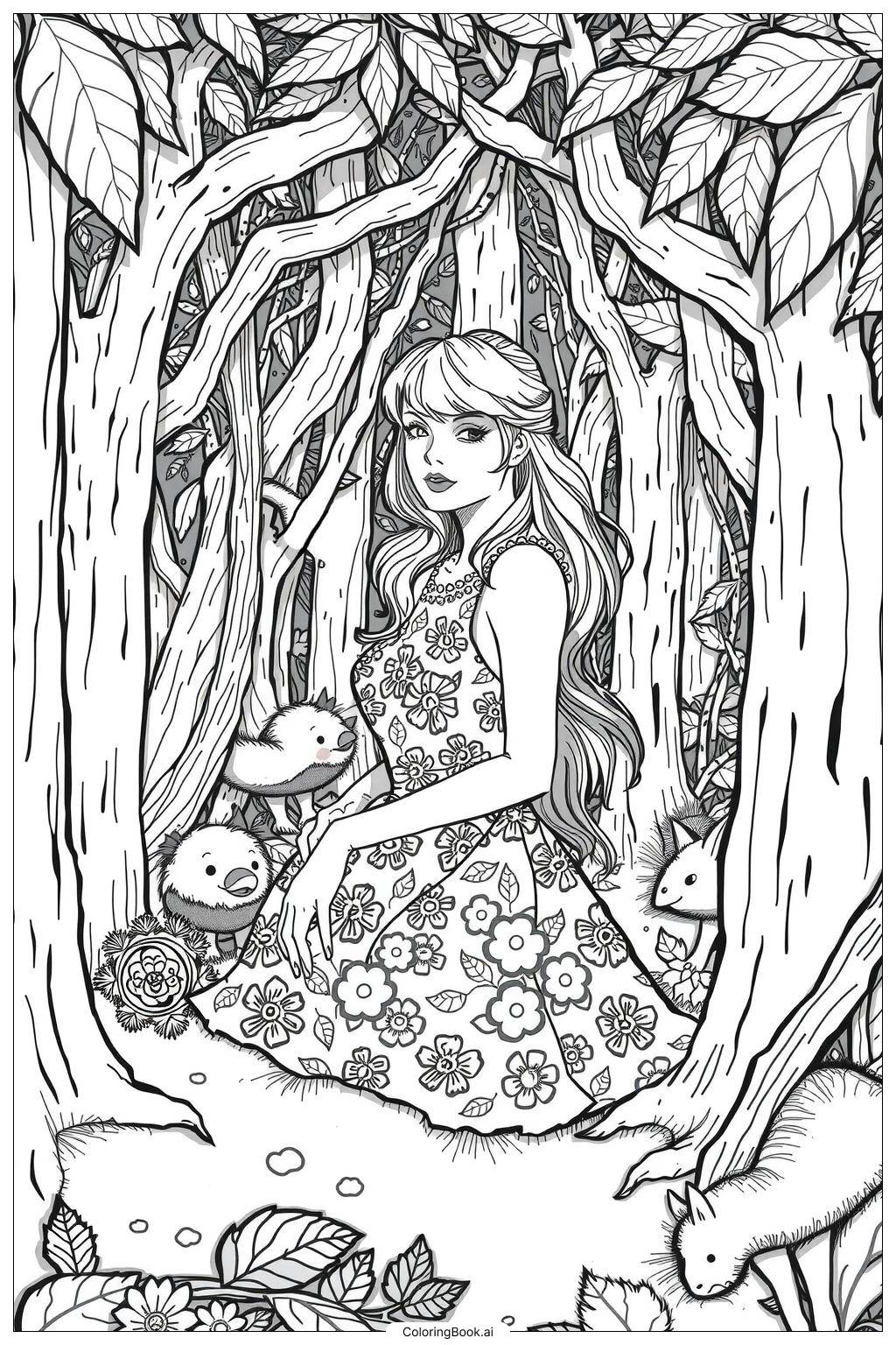 Taylor Swift In A Folklore Forest Coloring Page Free PDFu0026PNG Printable 