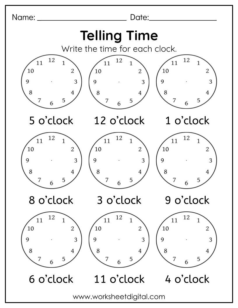 Telling Time To The Hour Worksheet Kindergarten First Grade Worksheet Learn To Tell The Time In Digital Analog Clock Homework Practice Etsy