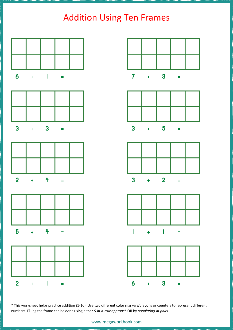 Ten Frame Worksheets Ten Frames 10 Frames Counting Addition Subtraction Even Odd Number Relationships Etc MegaWorkbook