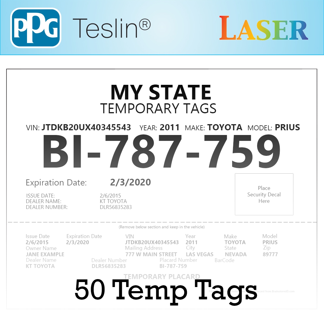 Teslin License Plate Temp Tags Laser 50 Sheets
