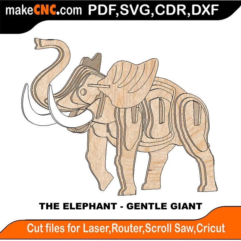 The Elephant The Gentle Giant 3D Puzzle Laser Cut Scroll Saw CNC Router Template Pattern DXF CDR SVG LaserscrollSVG