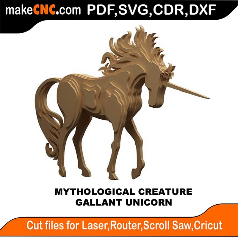 The Gallant Unicorn Mythological Creature 3D Puzzle Laser Cut Scroll Saw CNC Router Template Pattern DXF CDR SVG LaserscrollSVG