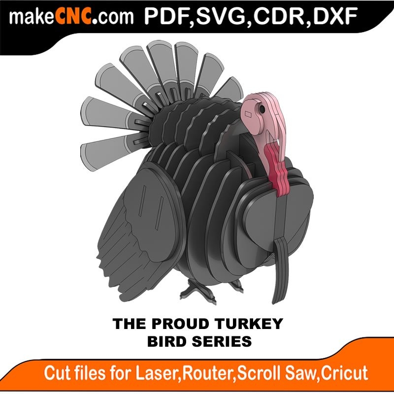 The Proud Turkey Bird Series 3D Puzzle Laser Cut Scroll Saw CNC Router Template Pattern DXF CDR SVG LaserscrollSVG