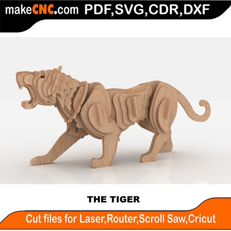 The Tiger 3D Puzzle Laser Cut Scroll Saw CNC Router Template Pattern DXF CDR SVG LaserscrollSVG