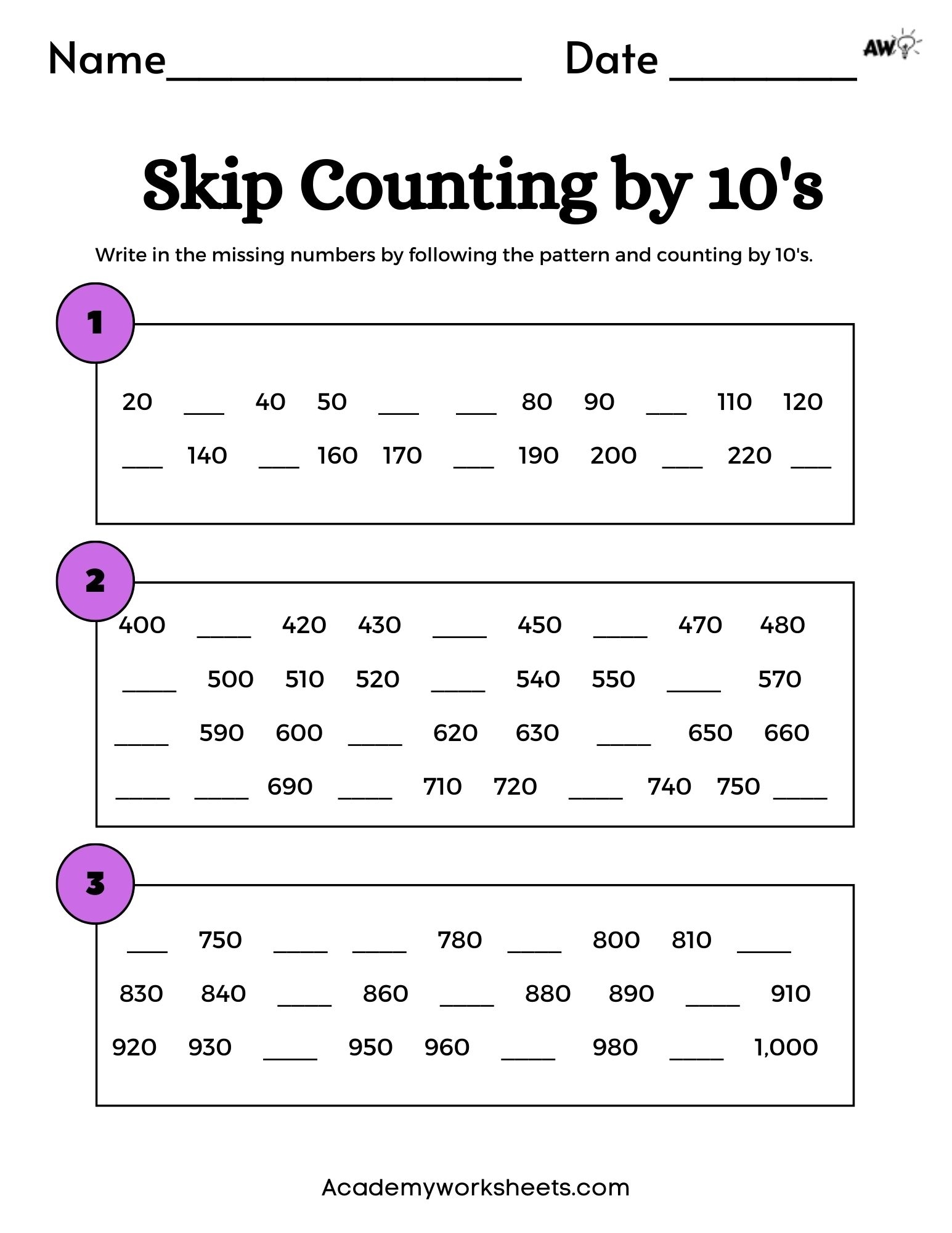 The Top Counting By 10 Worksheets Skip Counting By 10 Academy 