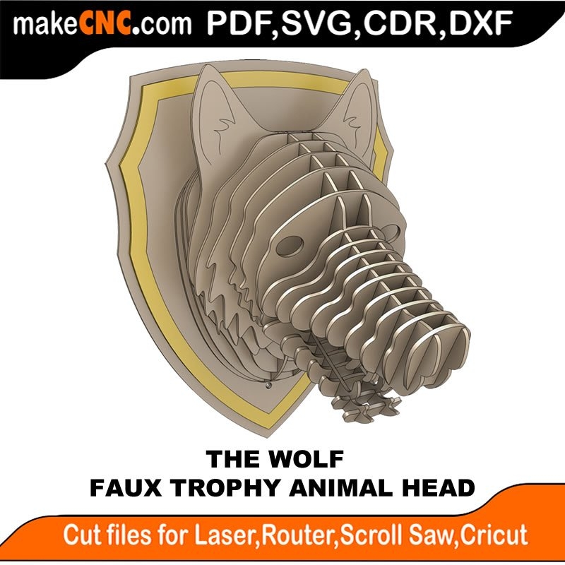 The Trophy Faux Wolf Head 3D Puzzle Laser Cut Scroll Saw CNC Router Template Pattern DXF CDR SVG LaserscrollSVG