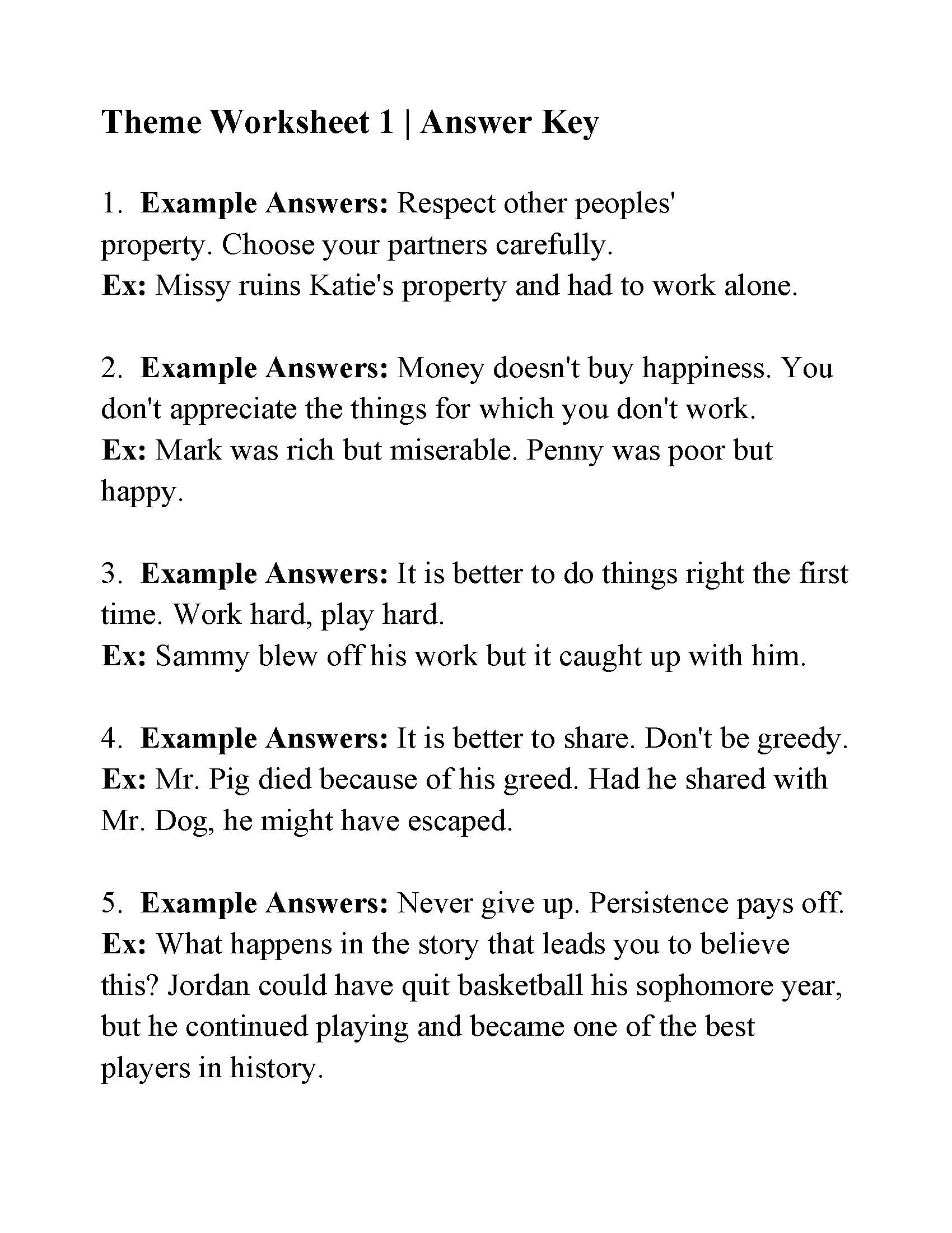 Theme Worksheet 1 Reading Activity