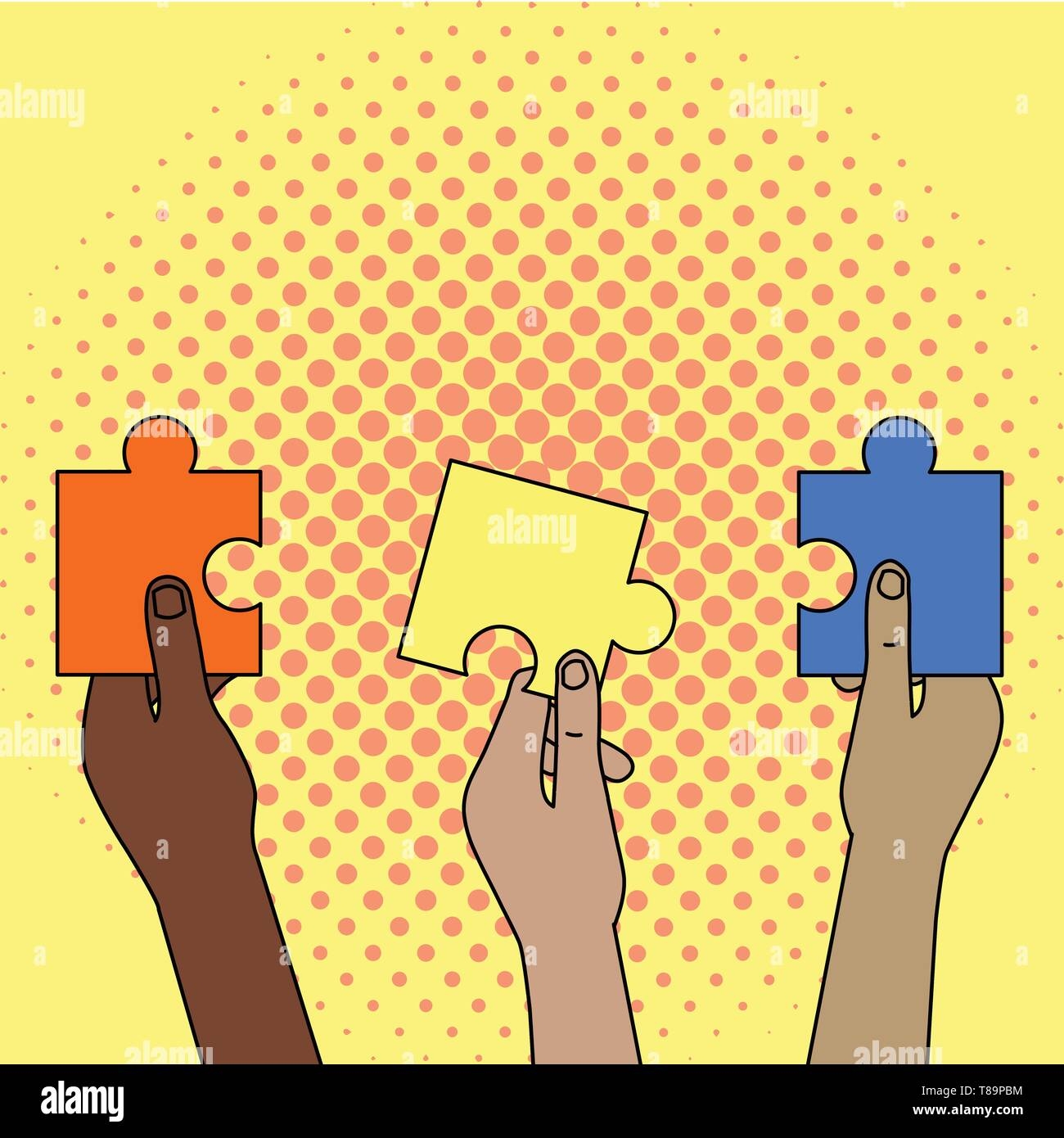 Three Colored Empty Jigsaw Puzzle Pieces Held In Different People 