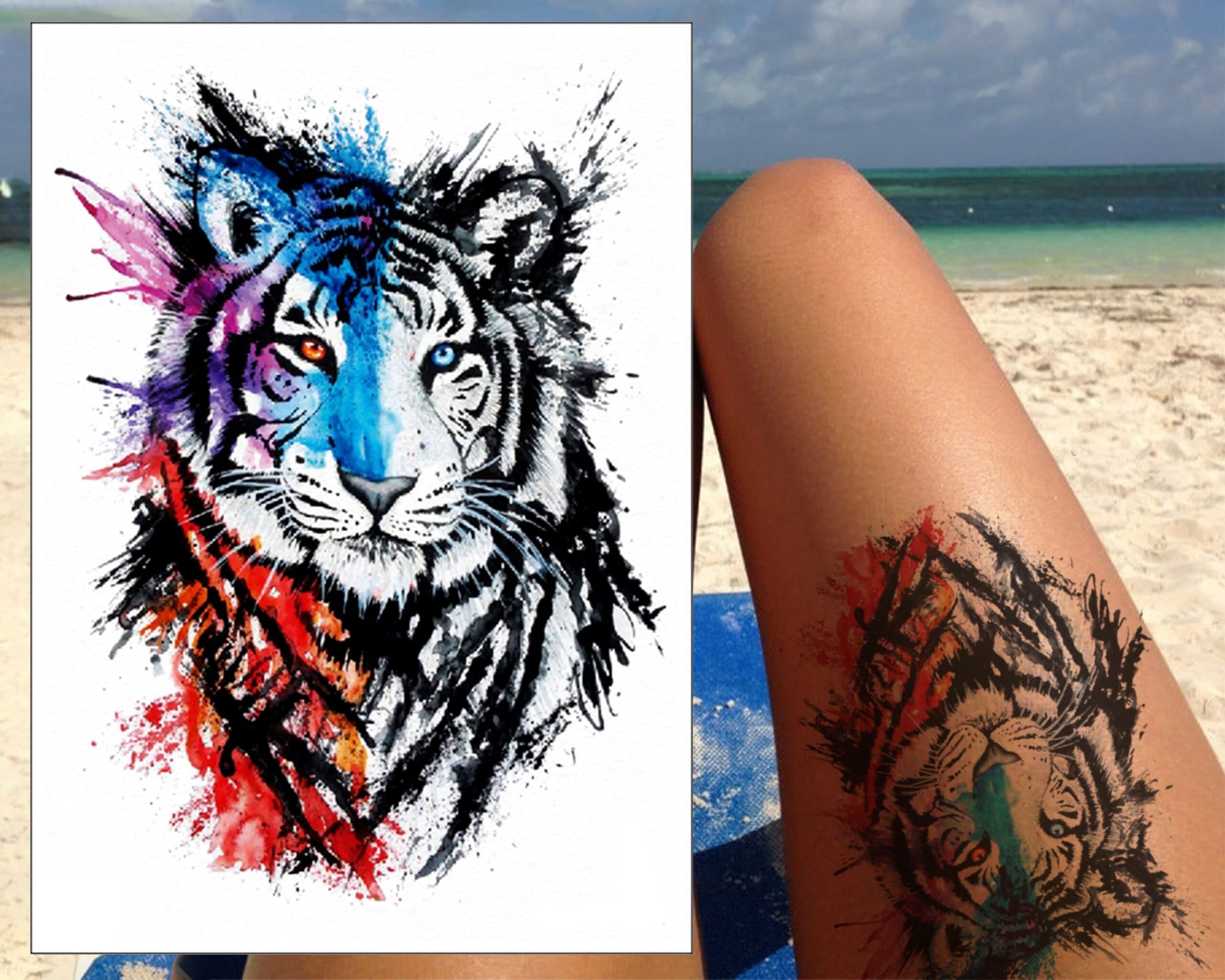 Tiger Colour Splash Temporary Tattoo Transfer Waterproof Realistic Arm Leg Thigh Body Art Sticker Mens Women Kids Etsy