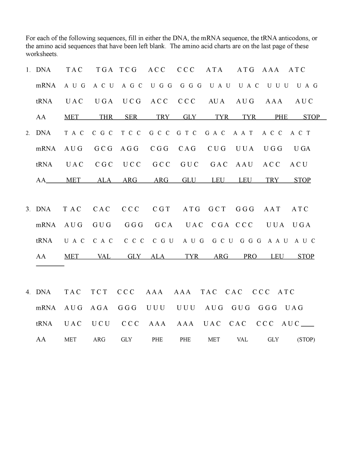 Transcription And Translation Practice For Each Of The Following 