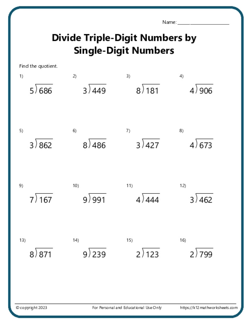 Triple Digit Division K12 Math Worksheets