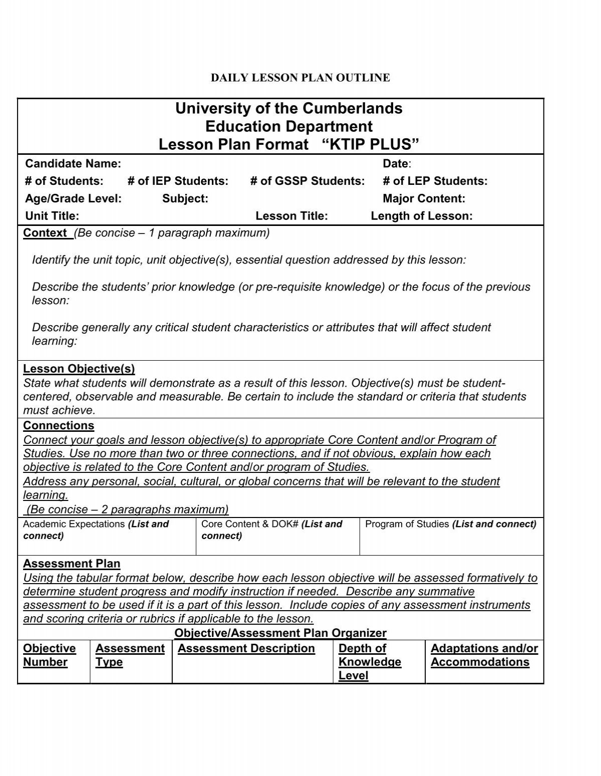 University Of The Cumberlands Education Department Lesson Plan 