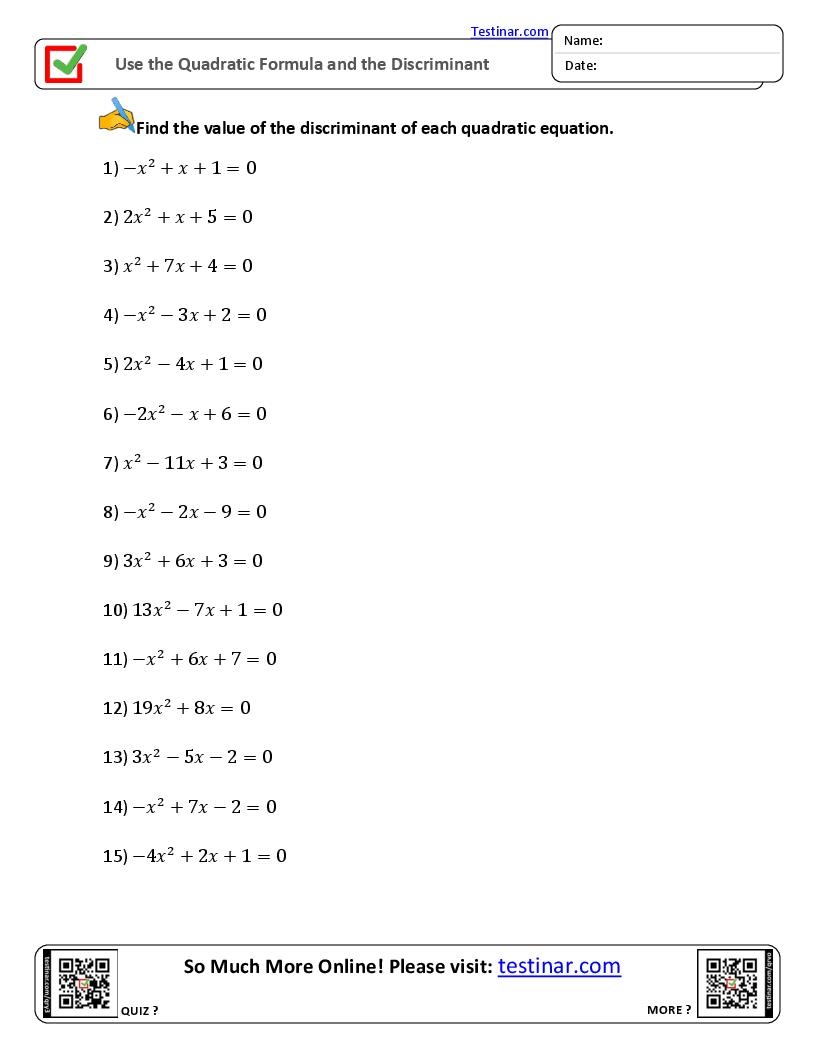 Use The Quadratic Formula And The Discriminant Worksheets Worksheets Library