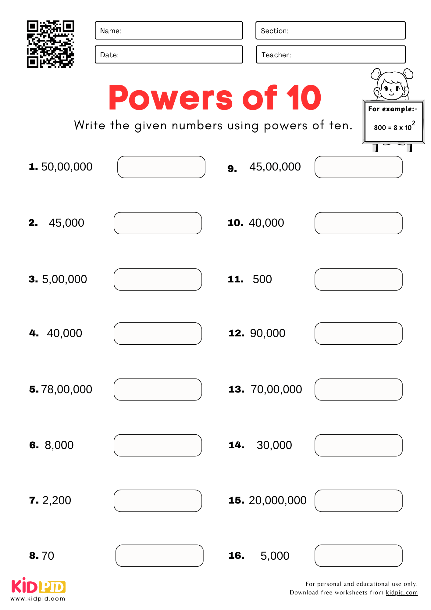 powers of 10 worksheet