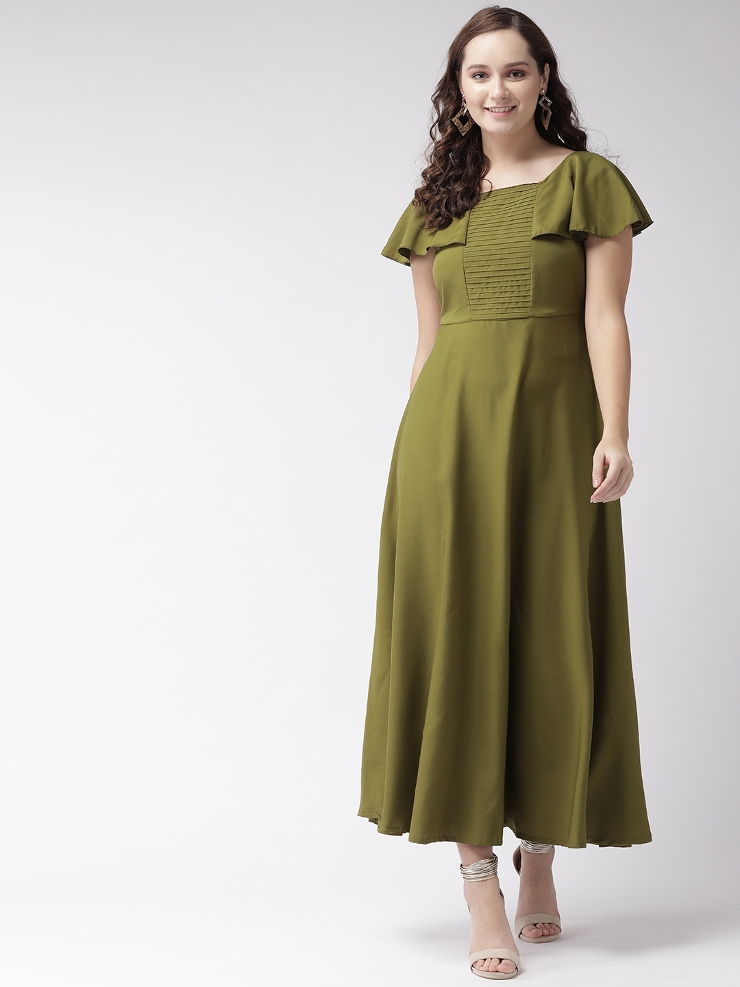 Uu0026F Women Olive Green Solid Maxi Dress