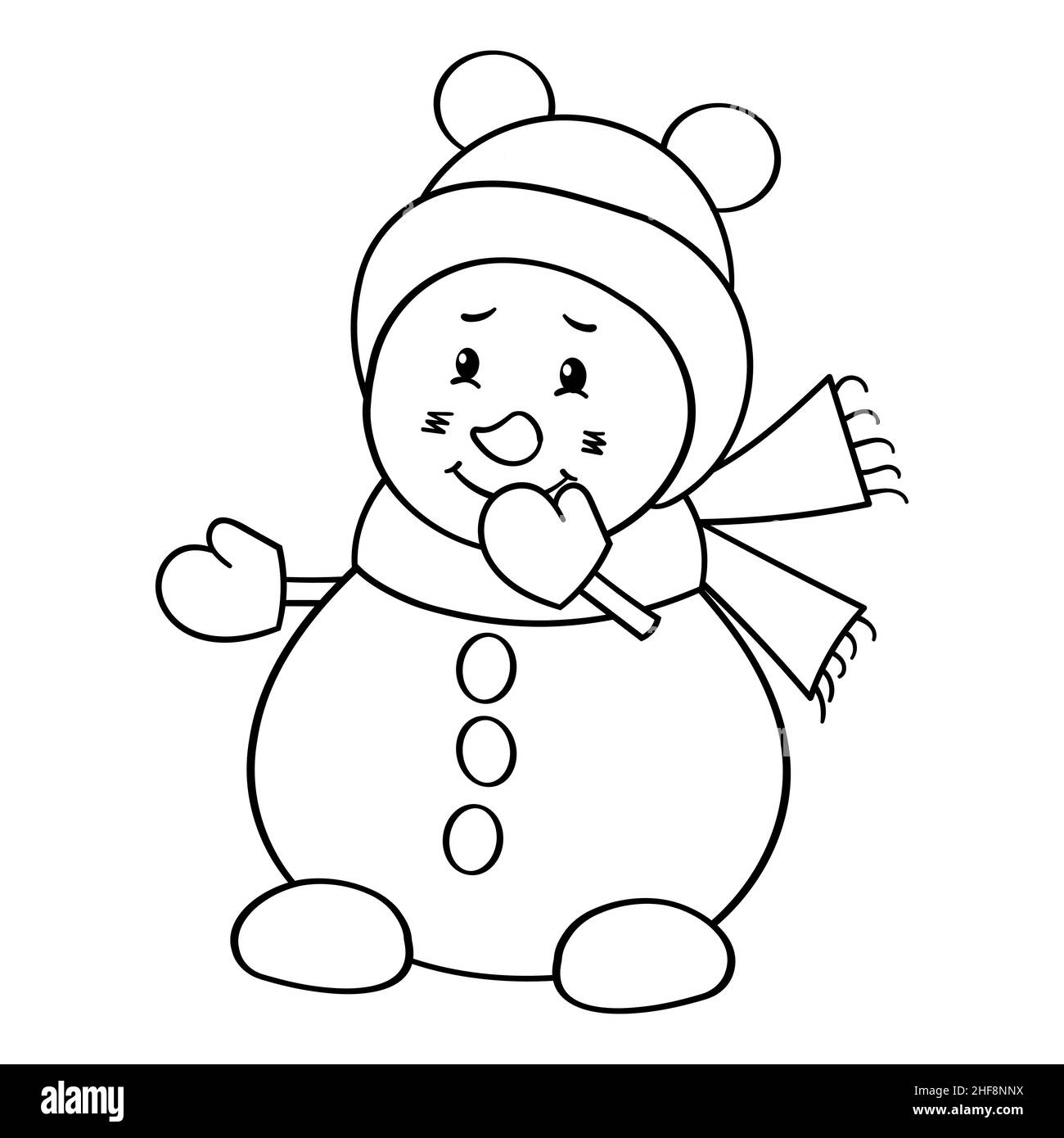Vector Coloring Page With A Cute Snowman In A Winter Hat Stock 