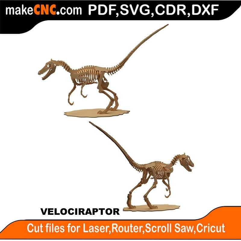 Velociraptor Dinosaur Anatomically Correct 3D Puzzle Laser Cut Scroll Saw CNC Router Template Pattern DXF CDR SVG LaserscrollSVG