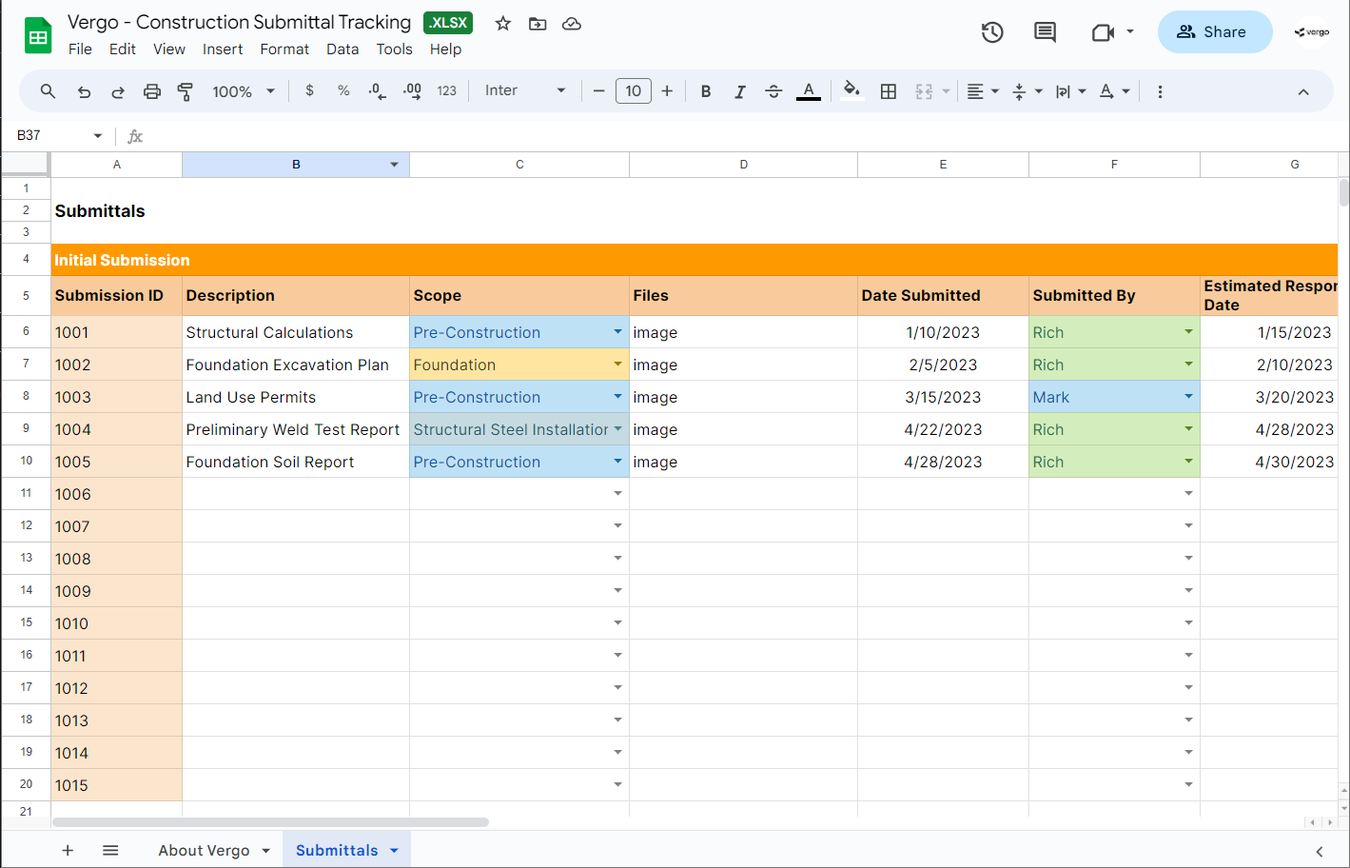 Vergo AI Free Construction Submittal Tracking Template
