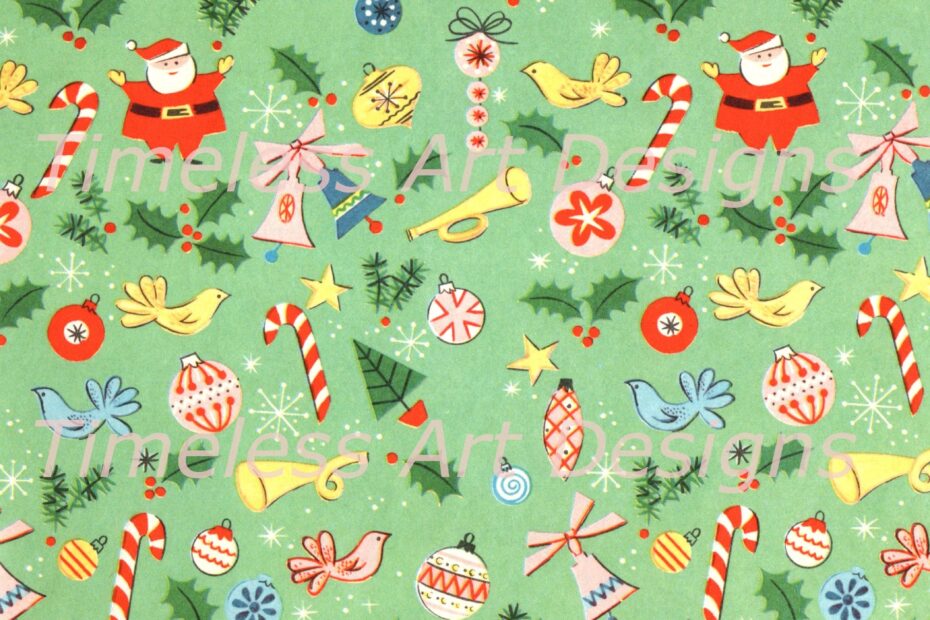 Vintage Printable Gift Wrap Paper Instant Digital Download Santa Claus Christmas Ornaments Retro Christmas Wrapping Paper