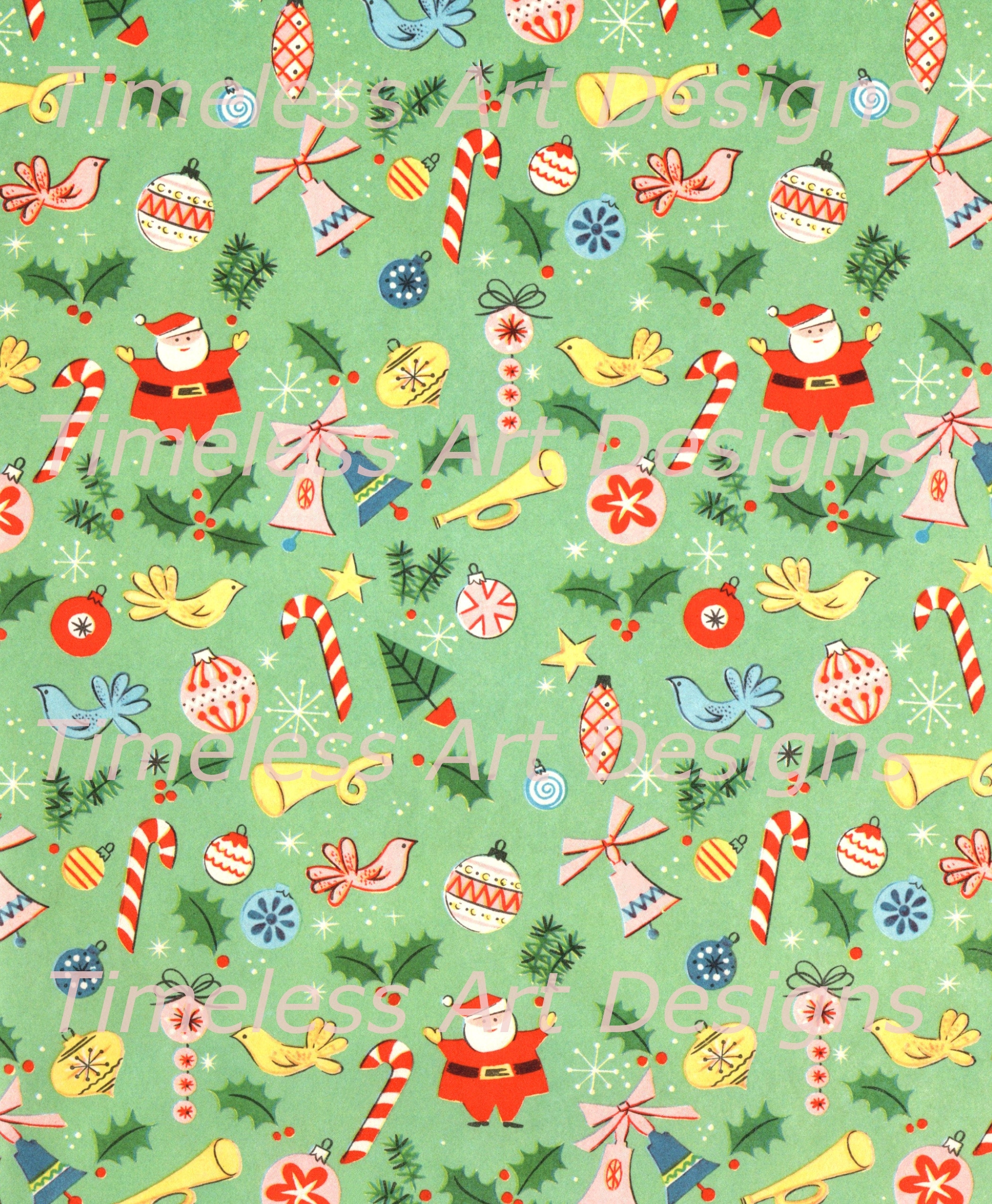 Vintage Printable Gift Wrap Paper Instant Digital Download Santa Claus Christmas Ornaments Retro Christmas Wrapping Paper 