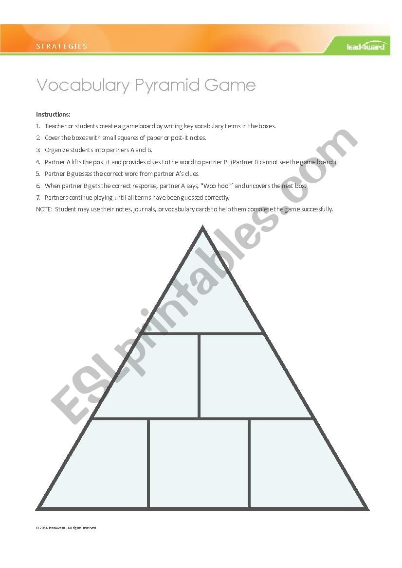 Vocabulary Pyramid Game ESL Worksheet By Skcane