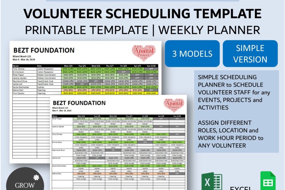 Volunteer Scheduling Template For Excel And Google Sheets Multi Roles location shift Period Printable 7 Day Schedule Template Etsy