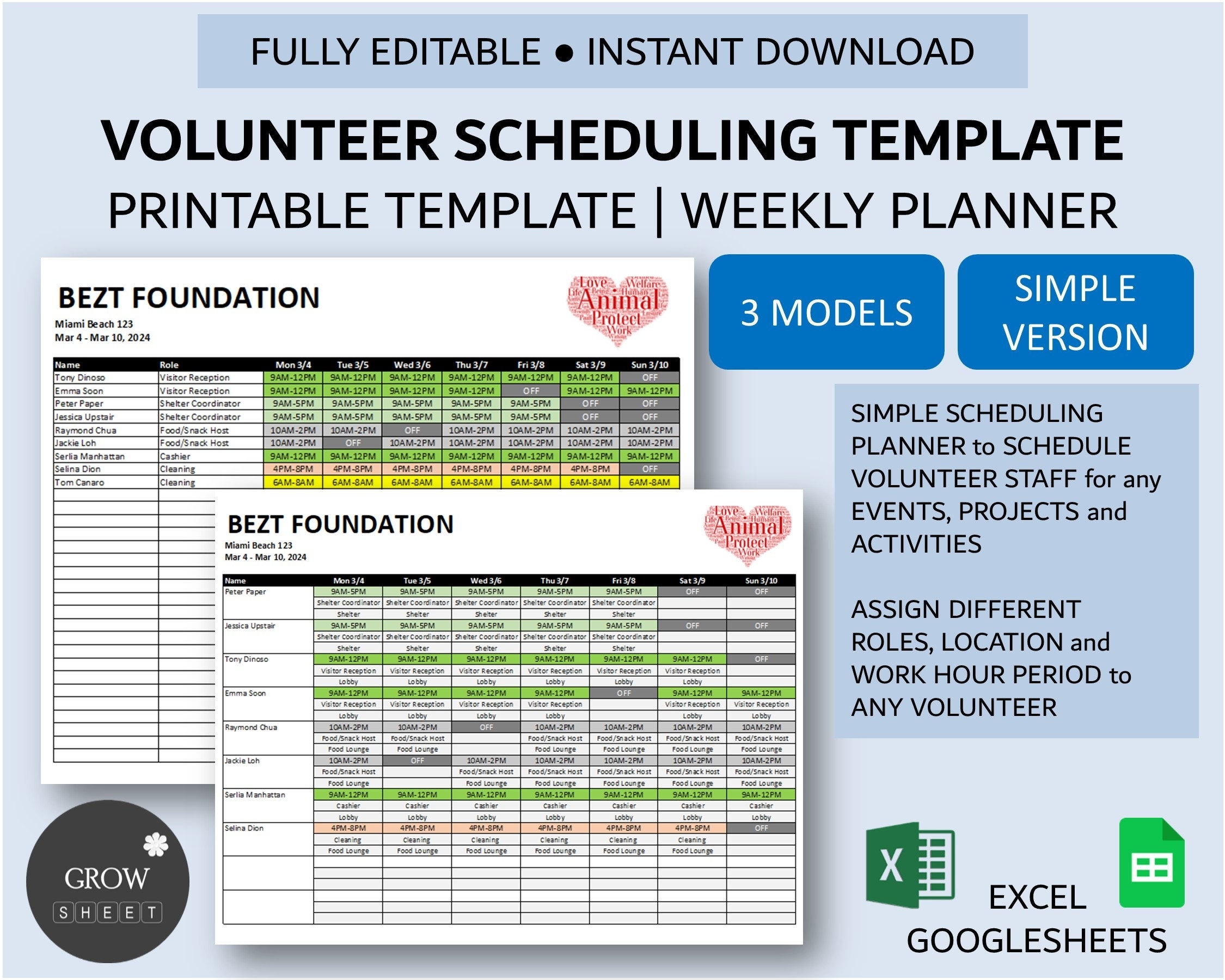 Volunteer Scheduling Template For Excel And Google Sheets Multi Roles location shift Period Printable 7 Day Schedule Template Etsy