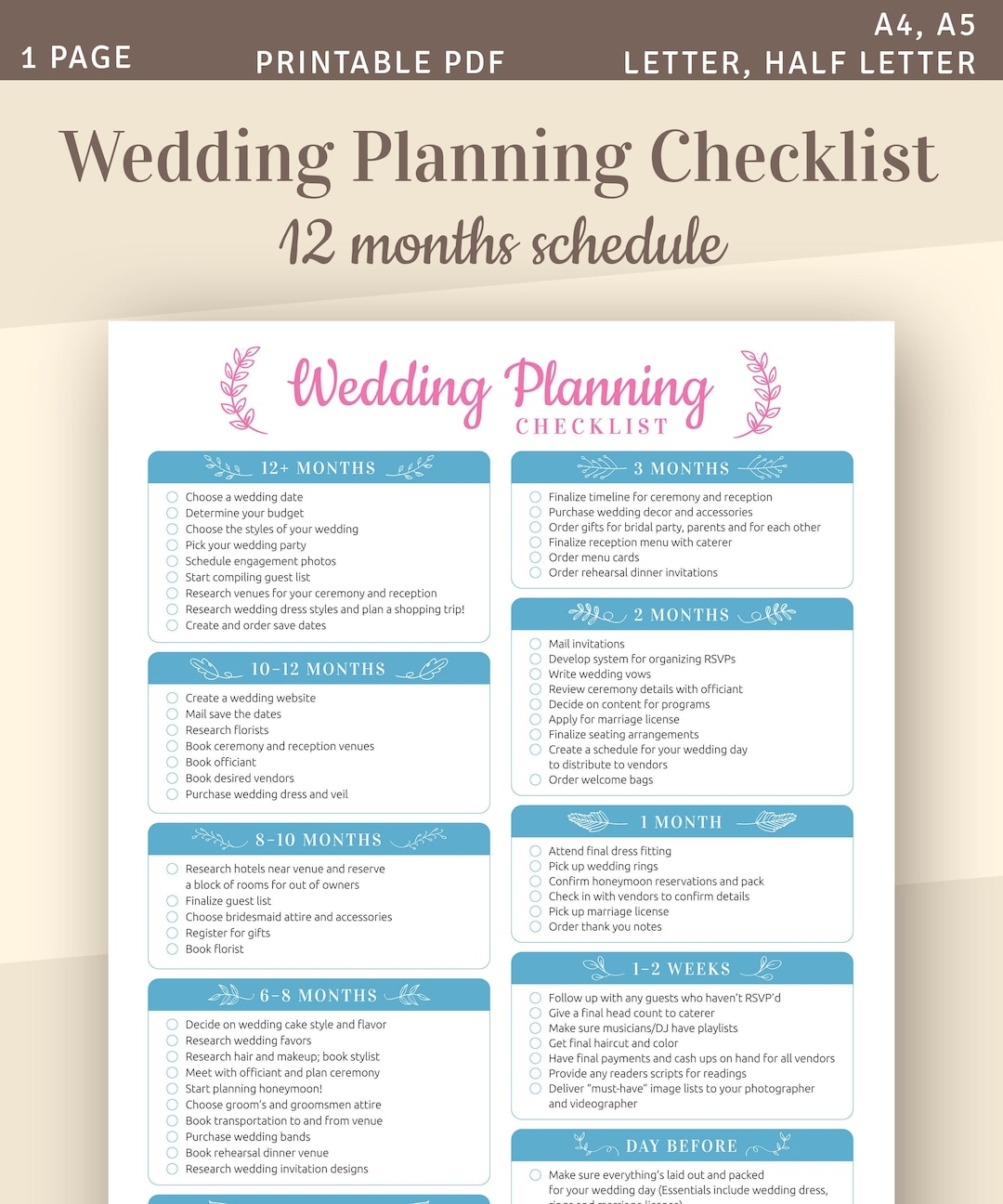 Wedding Planning Checklist Printable Wedding Template A4 A5 Letter Half Letter Instant Download Etsy