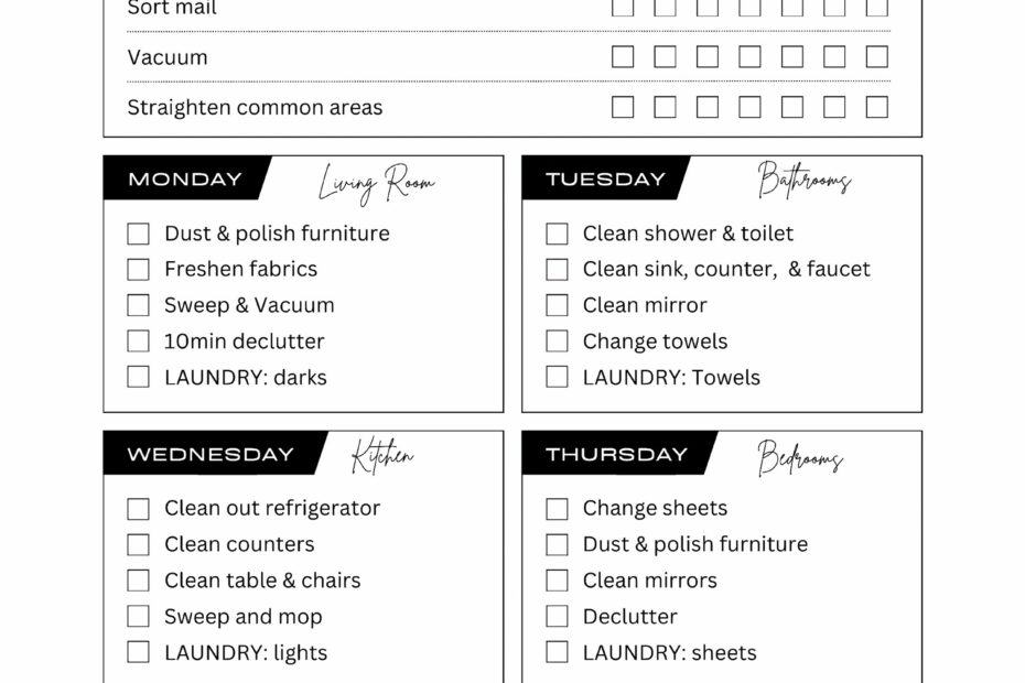 Weekly Cleaning Schedule free Printable