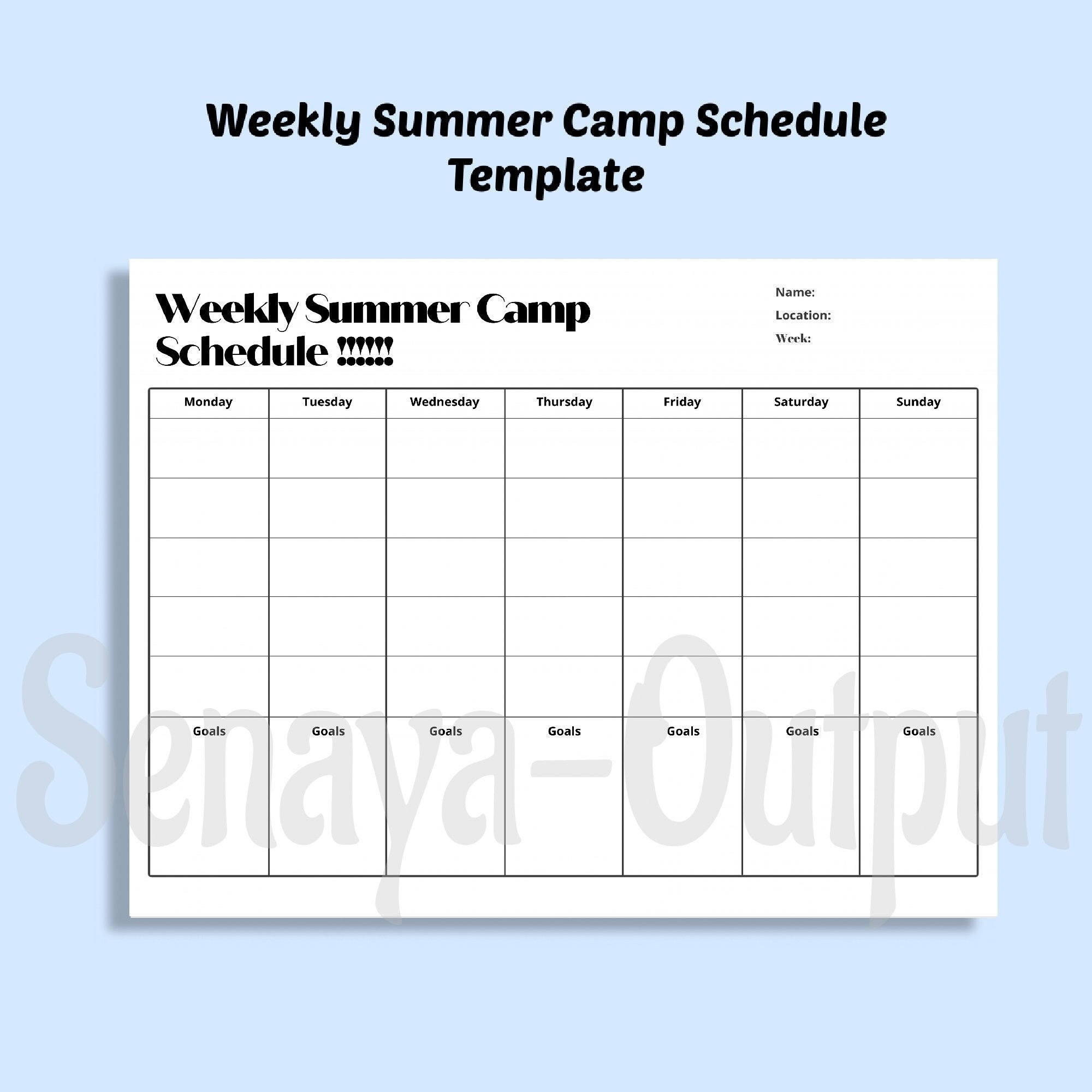 Weekly Summer Camp Schedule Template Task Planner Activity 