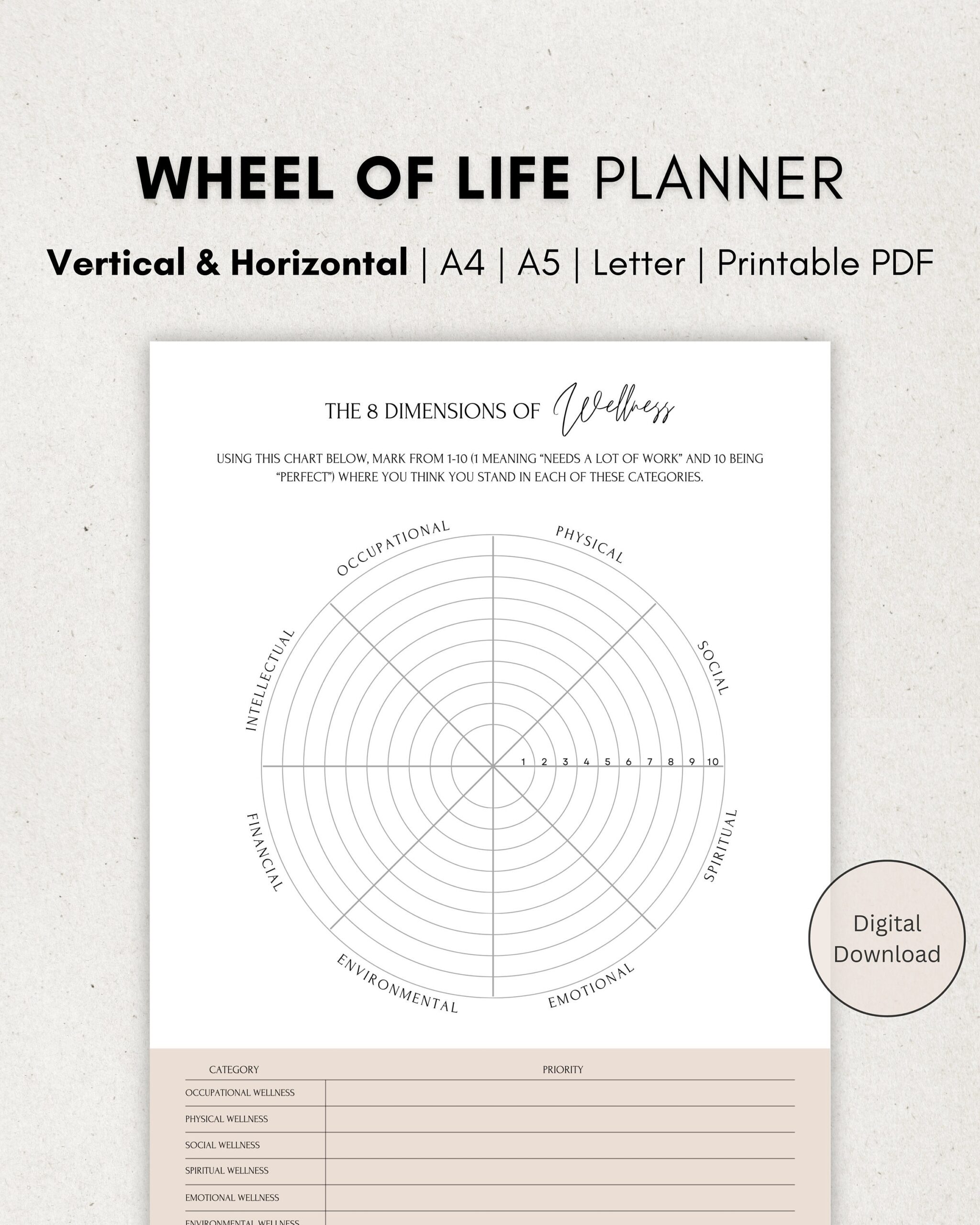 Wheel Of Life Printable Planner The 8 Dimensions Of Wellness Template Life Balance Wheel Wellness Wheel Life Circle A4 A5 Letter PDF Etsy