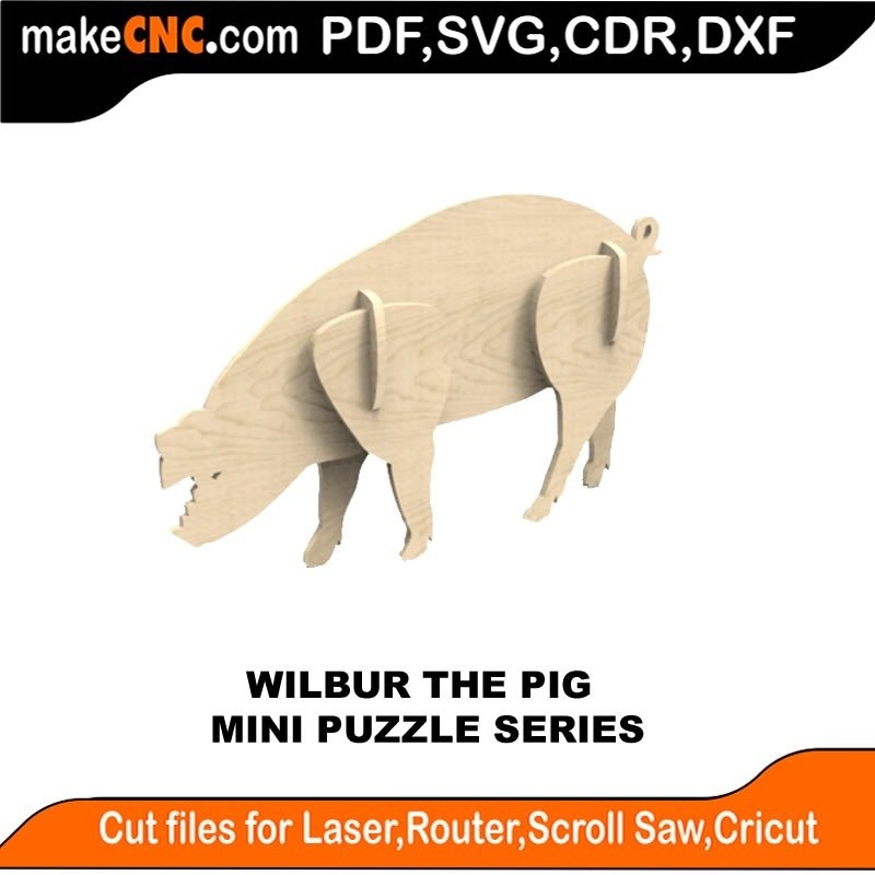 Wilbur The Pig Mini Puzzle 3D Puzzle Laser Cut Scroll Saw CNC Router Template Pattern DXF CDR SVG LaserscrollSVG