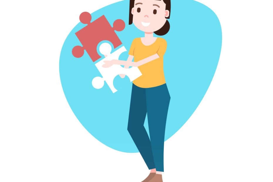 Woman Character Putting Two Pieces Puzzle Template