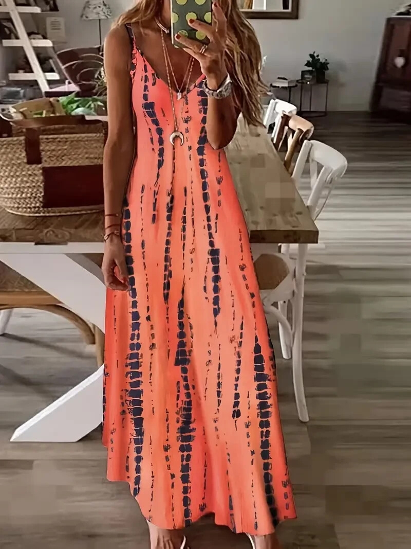 Women Tie Dye Spaghetti Dress Casual Loose V neck Ankle Cami Dress Color Orange
