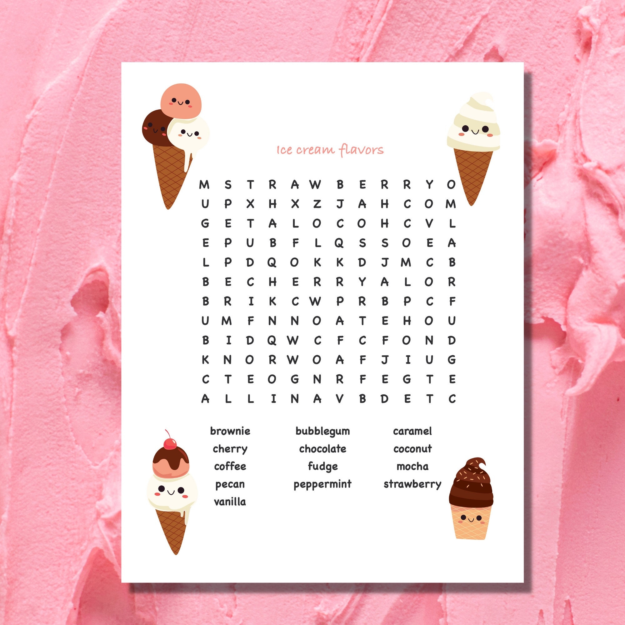 Word Search Puzzle Ice Cream Flavors Printable Party Game Senior 