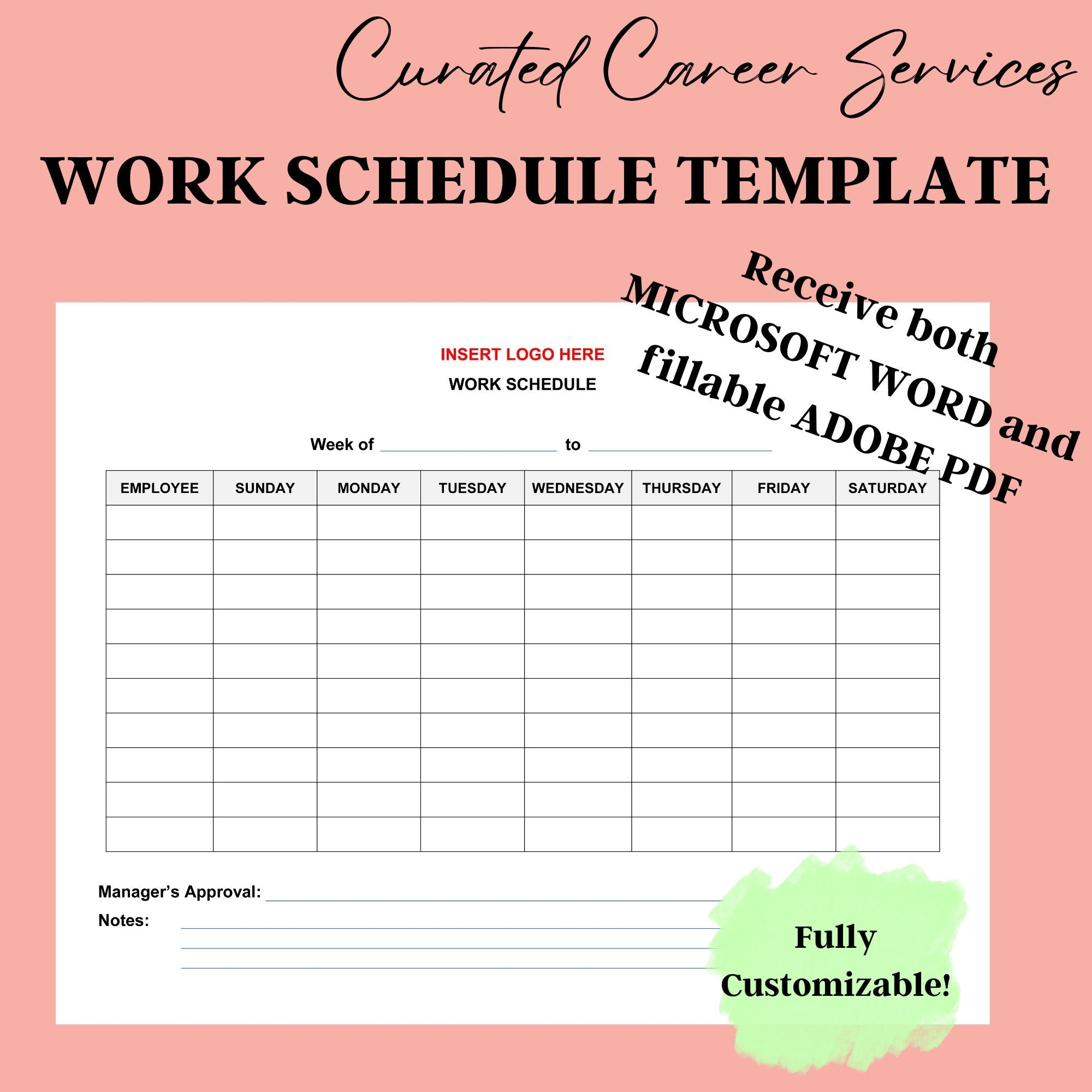 WORK SCHEDULE LANDSCAPE Employee Calendar Form Volunteer Schedule Template Work Schedule Sheet Work Schedule Template Instant Download Etsy