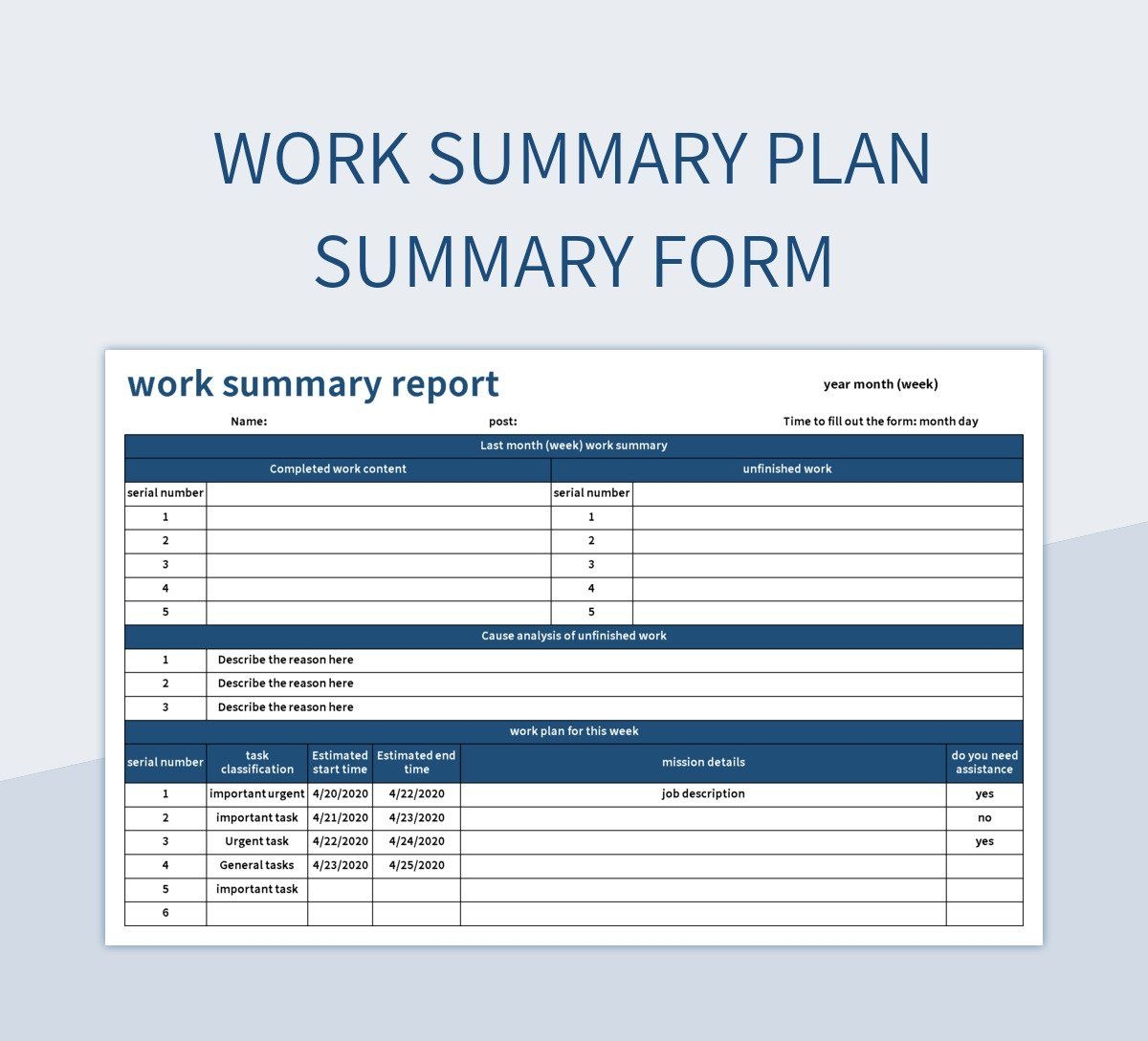Work Summary Plan Summary Form Excel Template And Google Sheets 