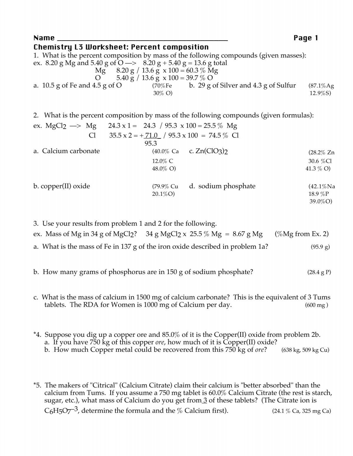Worksheet Empirical Formula