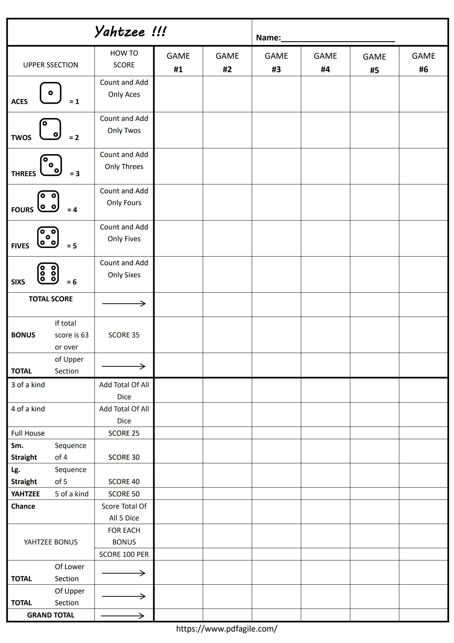 free printable yahtzee score card