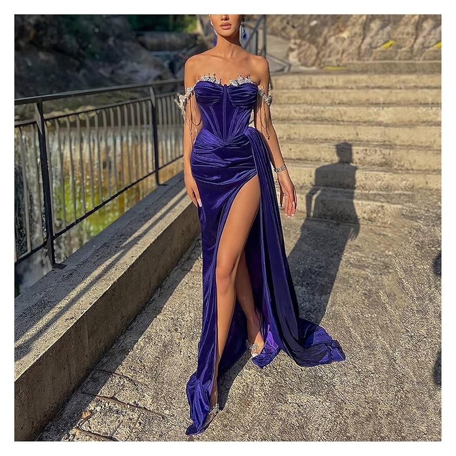 YEBDD Royal Purple Evening Dresses Off Shoulder Beadings Mermaid 