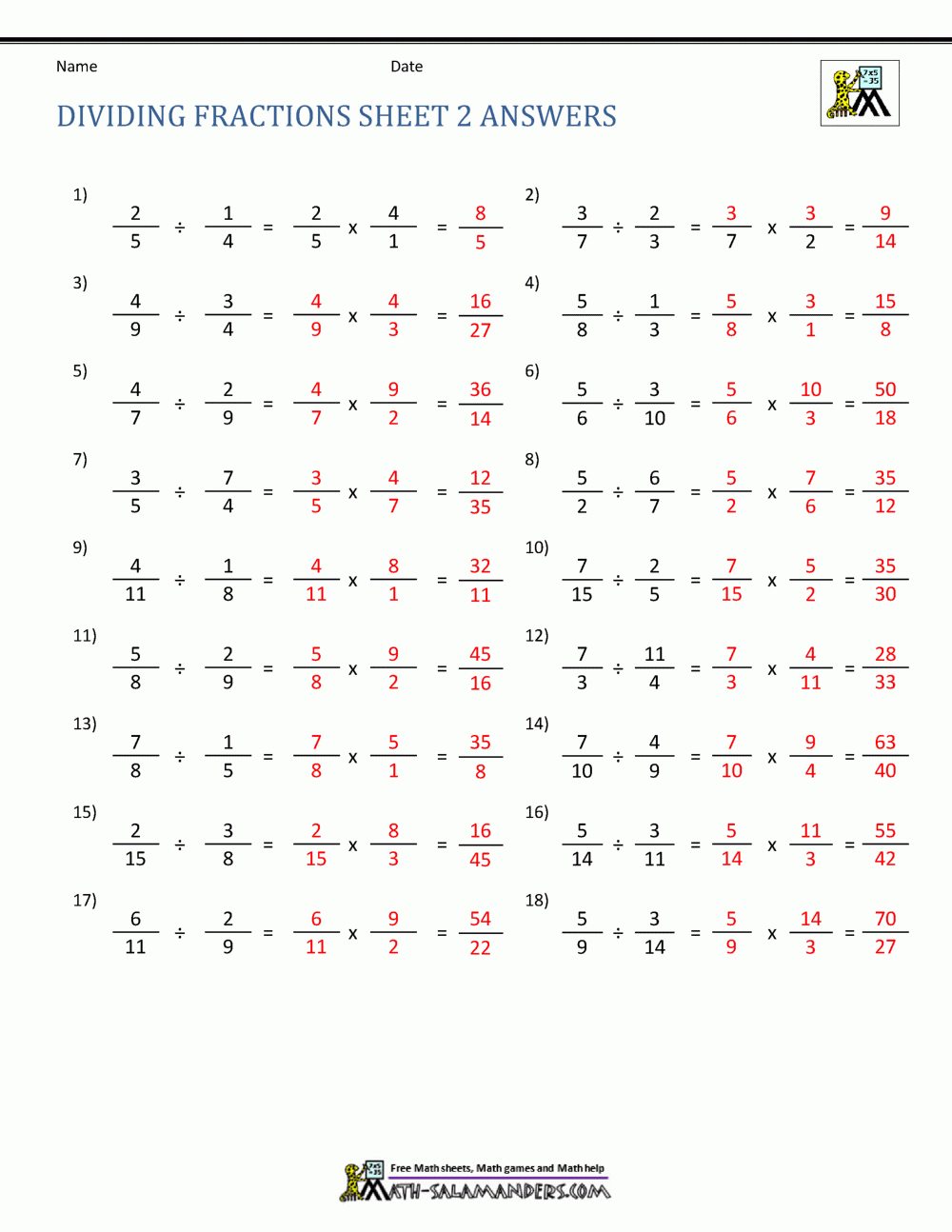 Dividing Fractions Worksheet Dividing Fractions Worksheet