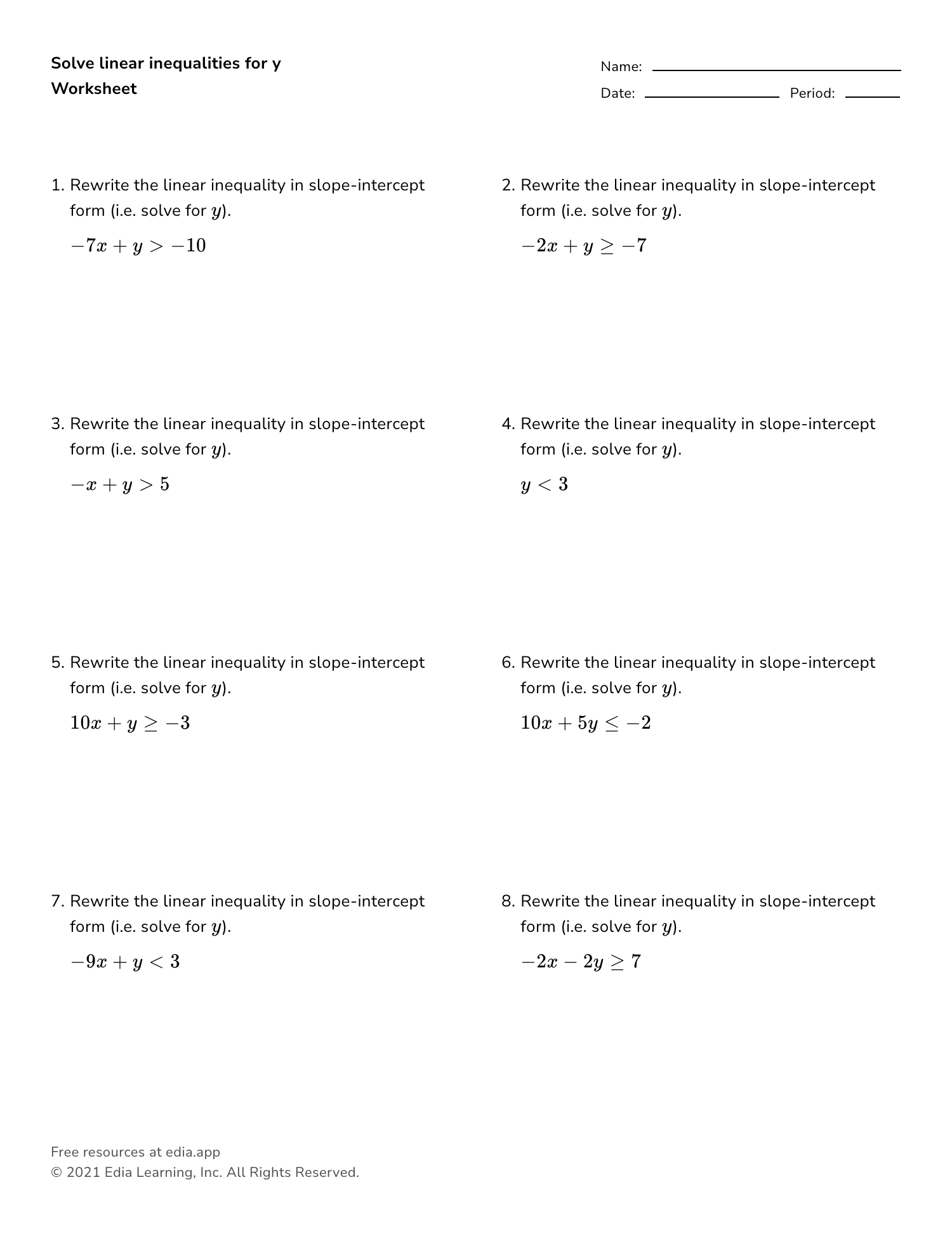Solving Inequalities Worksheet